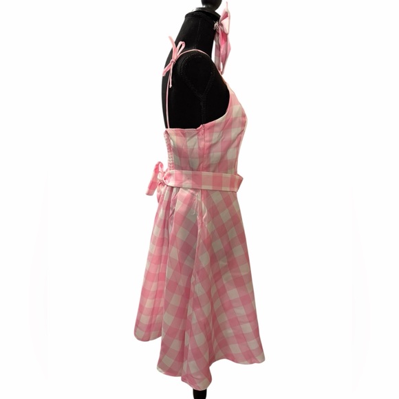 Pink & White Checkered Barbie Dress Costume with Bow Belt & Earrings size L - Picture 4 of 16